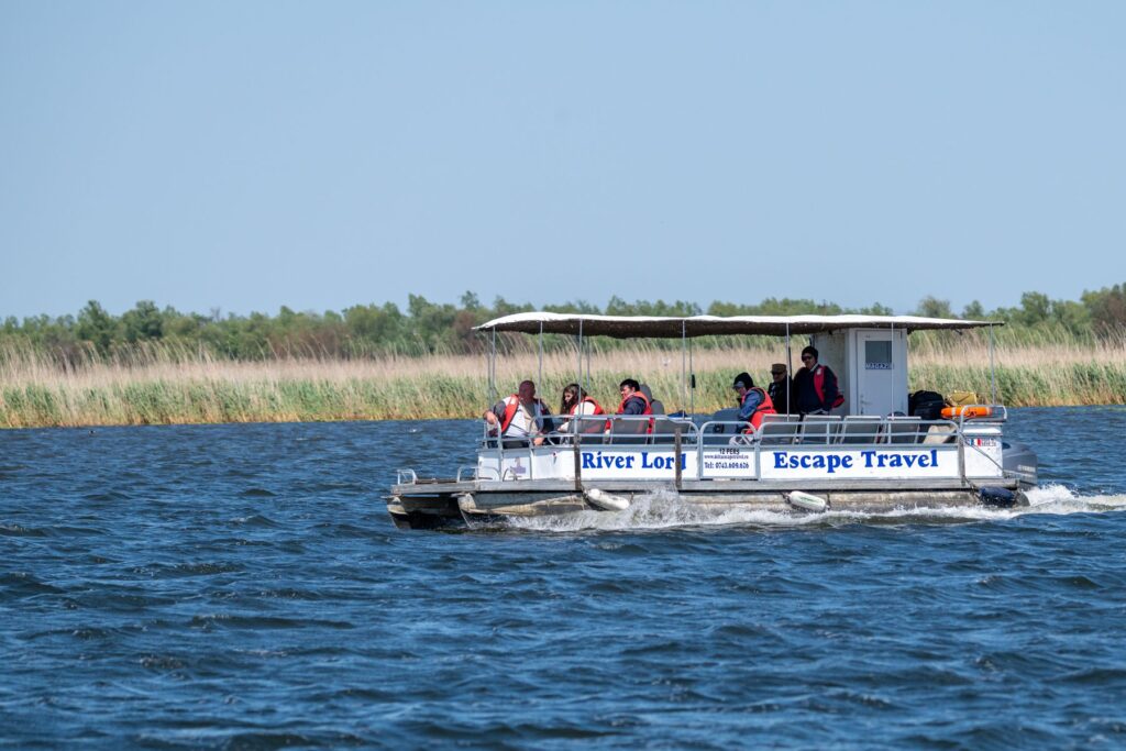 Catamaran de pasageri inscripționat River Lord, cu turiști în veste de salvare sub copertină, înaintând pe apă de-a lungul unui mal cu stuf